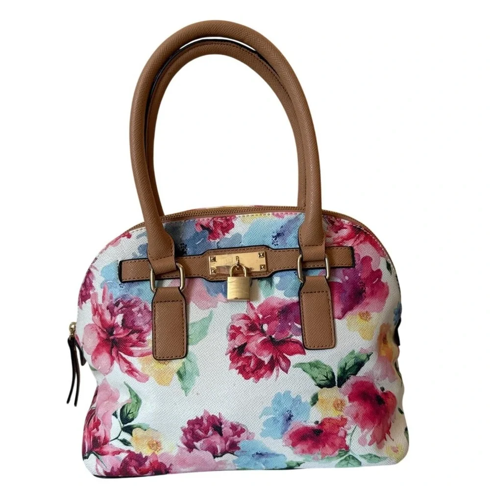 Apt 9‎ Floral Dome Satchel Crossbody Bag Multicolor Tan Gold Hardware Padlock